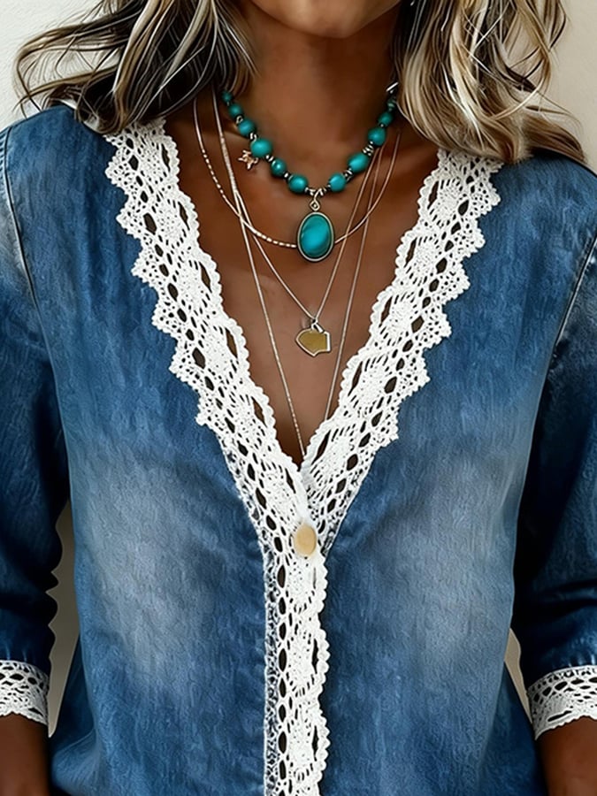 Women'S Casual V-Neck Lace Patch Denim Shirt