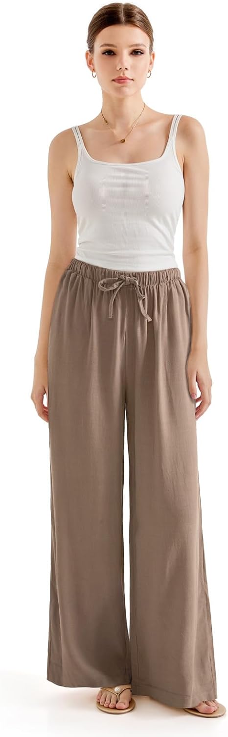 Women’s Wide Leg Linen Palazzo Pants – High Waist Lounge Pants with Pockets