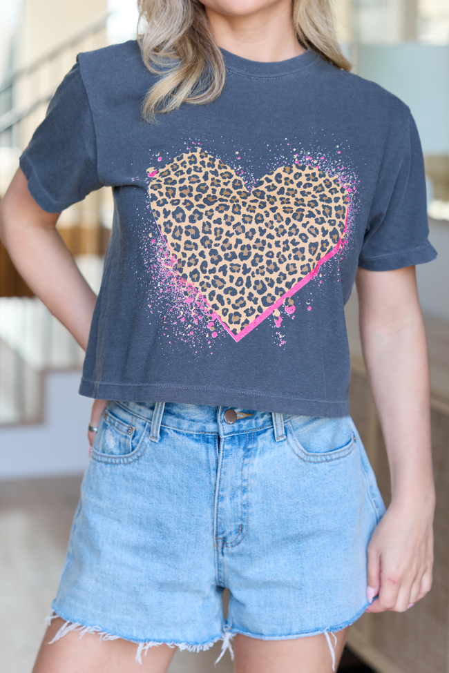 Leopard Heart Dark Grey Boxy Graphic Tee