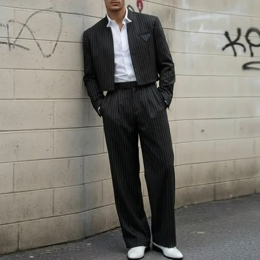 Men's Pinstripe 2-Piece Set Cropped Blazer & High Waist Wide Leg Pants Suit