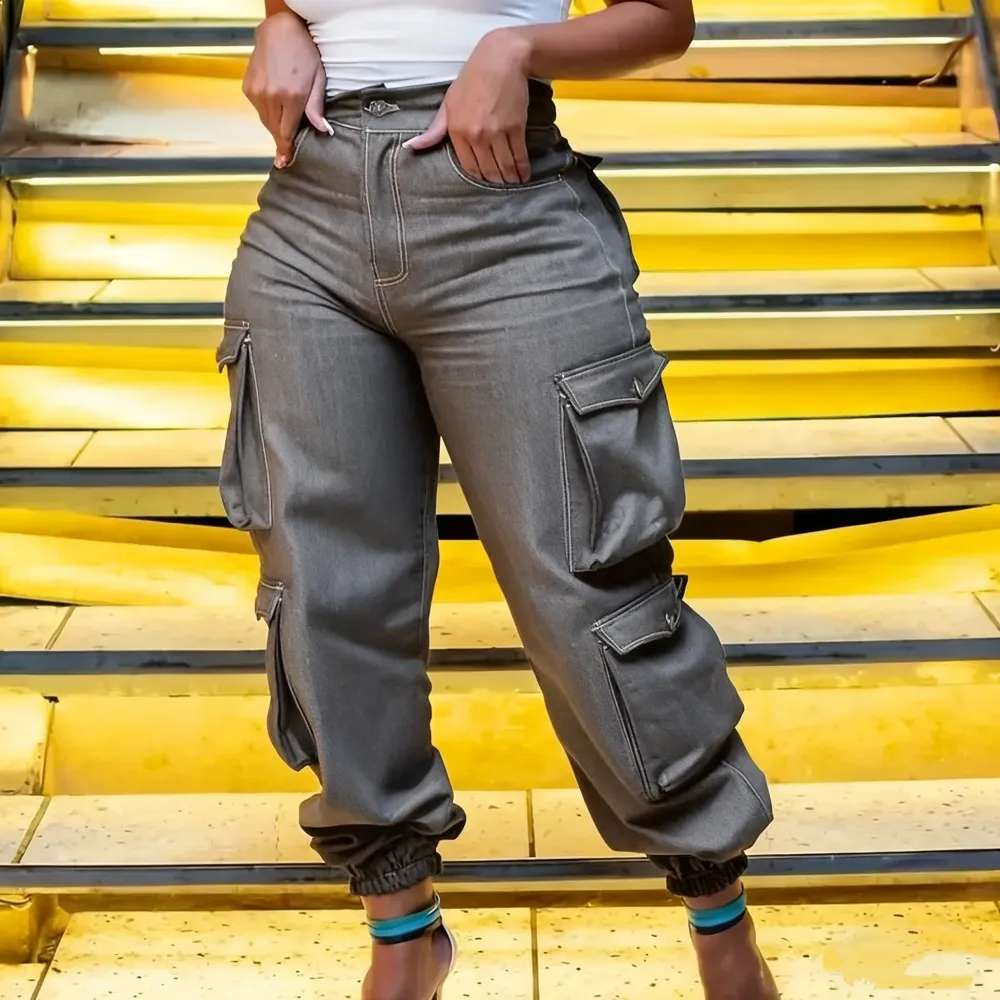 Women's Y2K High-Waist Cargo Denim Flap Pocket Pants