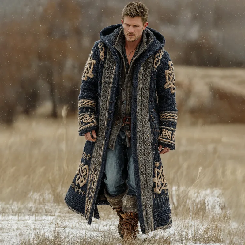 Men's Viking Celtic Knot Art Mid-length Chunky Knit Cardigan Sweater