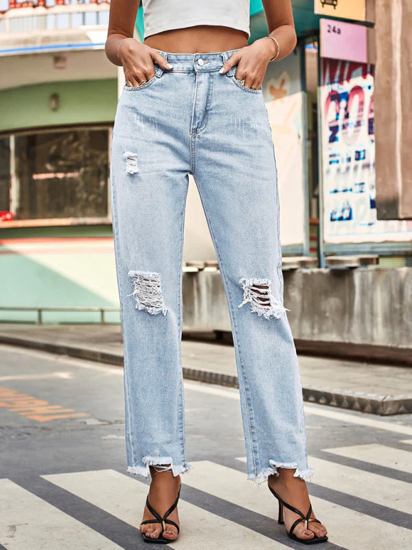 🛍️ Trendy Ripped Denim Pants Womens Casual High-Waist Jeans for Everyday Style ✨