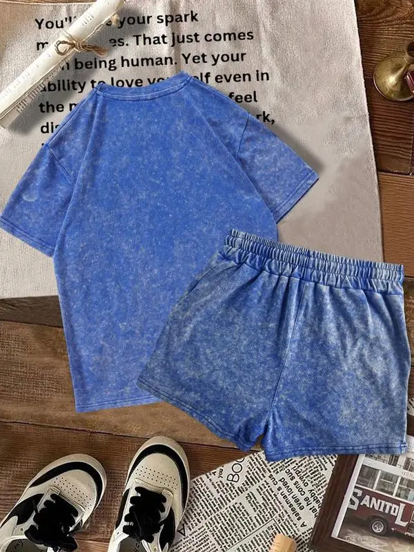 Women's Solid Tee & Denim-Print Shorts Set