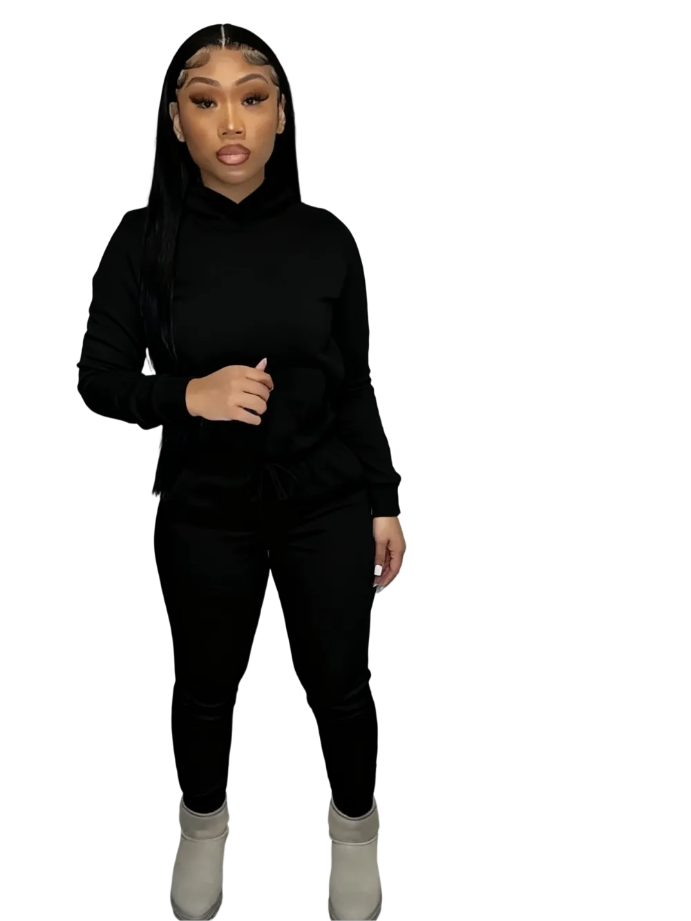 Women's drawstring hoodie and pocket sweatpants two-piece set