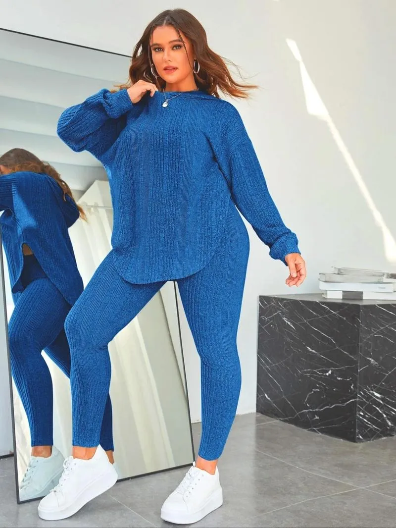 [Plus Size] Plain Split Curved Hem Hoodie & Leggings Lounge Two-piece Set