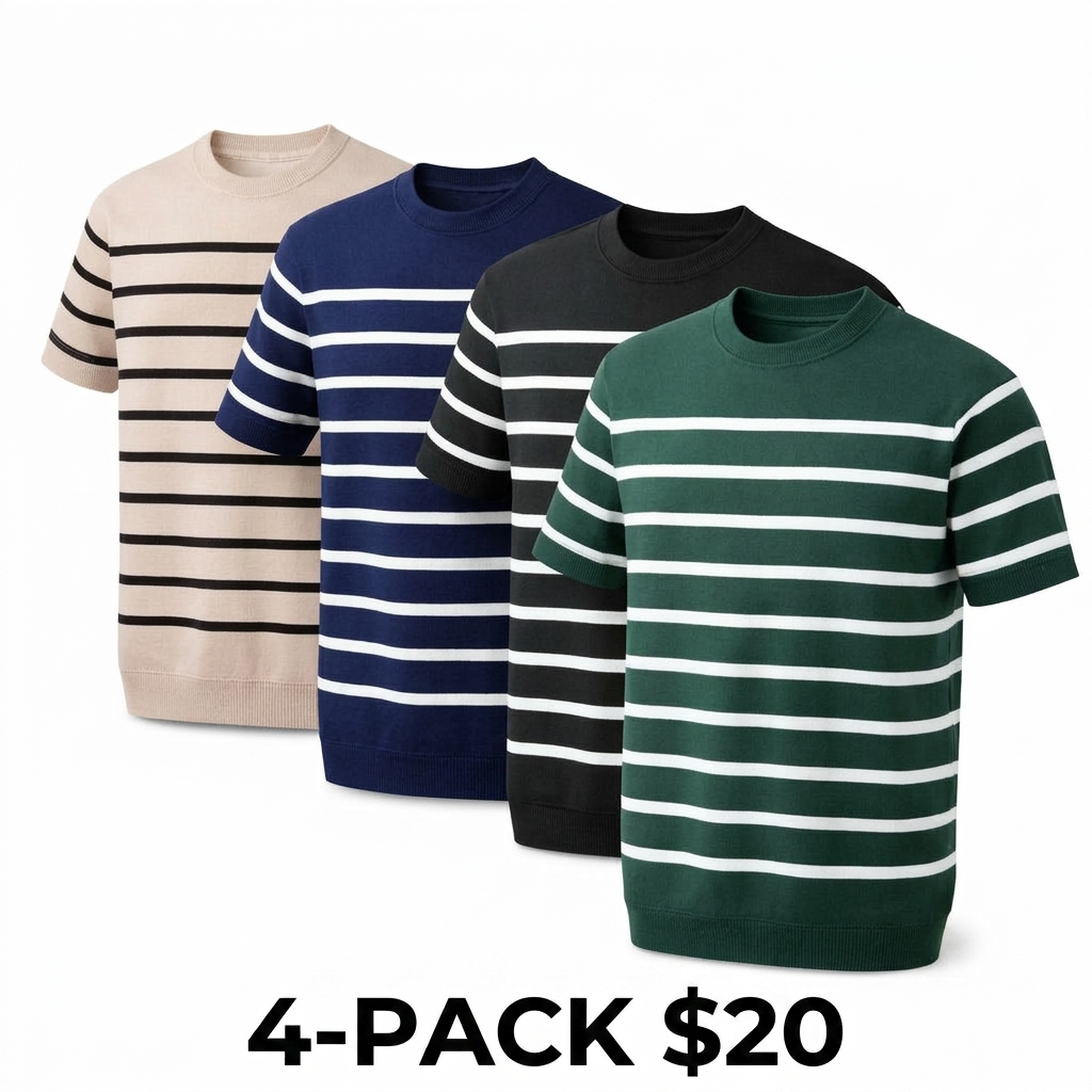 Unisex Retro Striped Knitted T-Shirt – Vintage Crew Neck Summer Basic