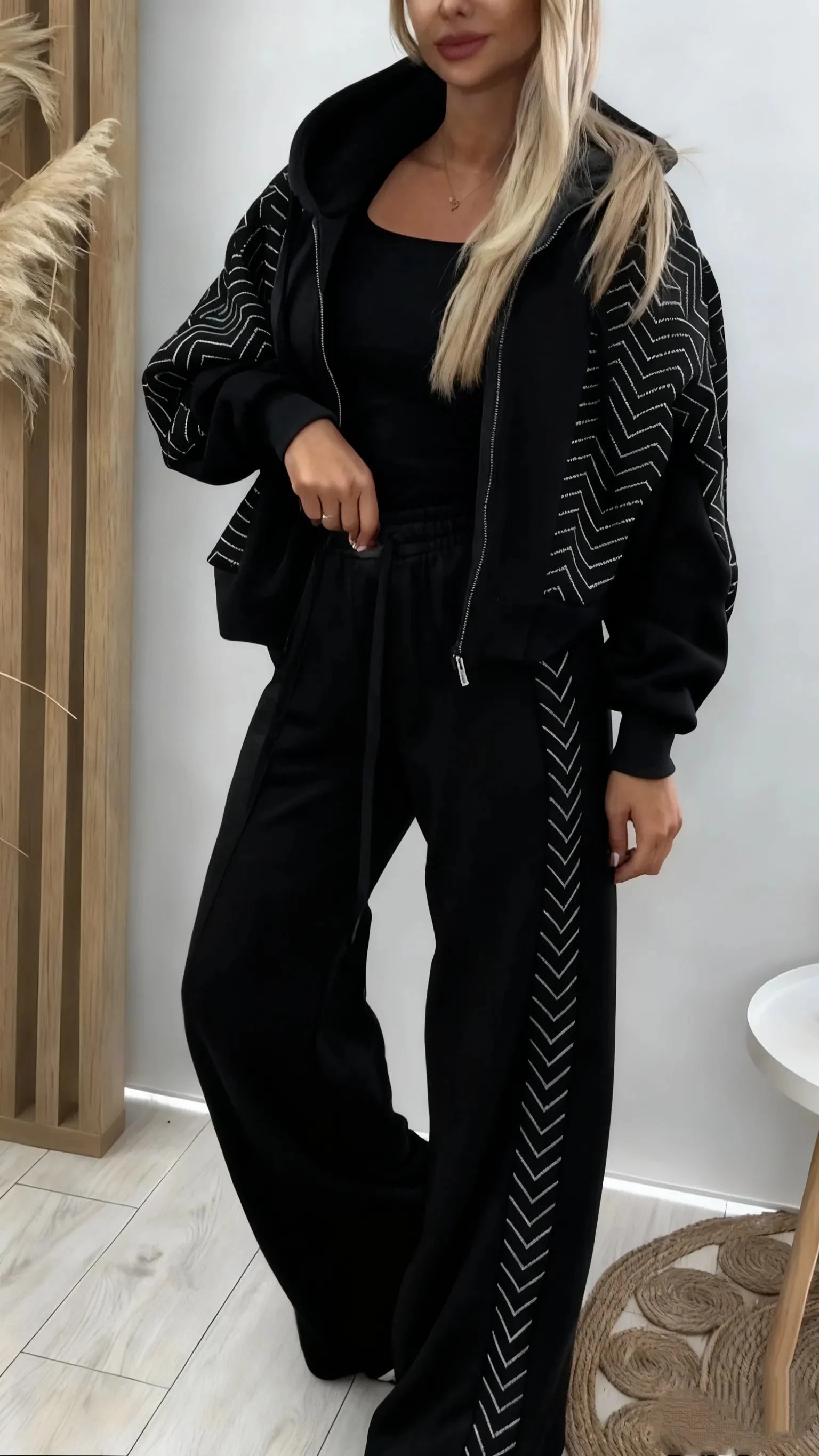 Women Hooded Spliced Jacket + Pants Casual Set