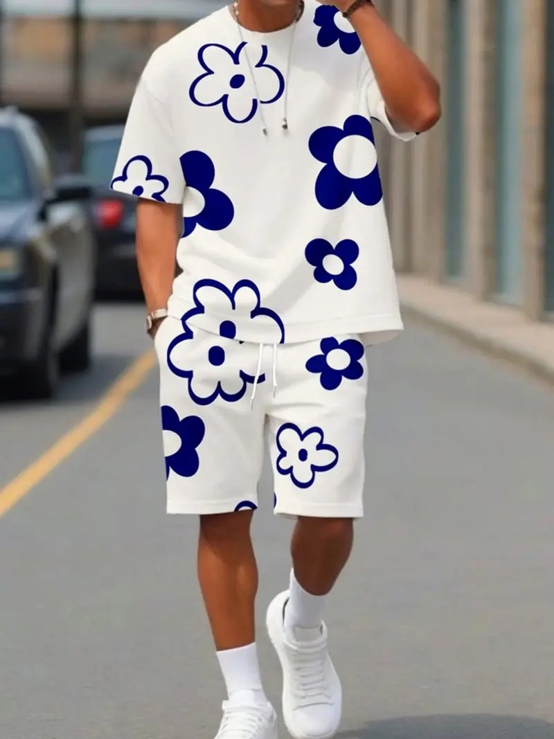 Men’s 3D Printed Fitted Short Sleeve & Shorts Summer Set