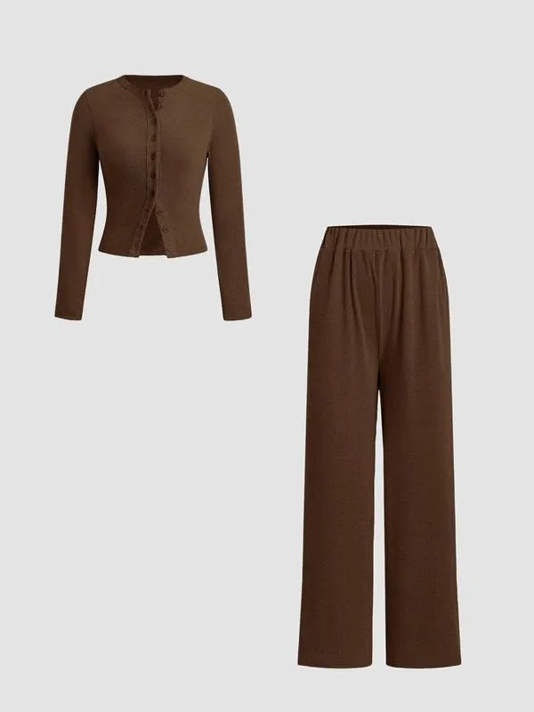 Two-piece Set Women's Solid Button Front Ribbed Crop Top & Elastic Waist Pants