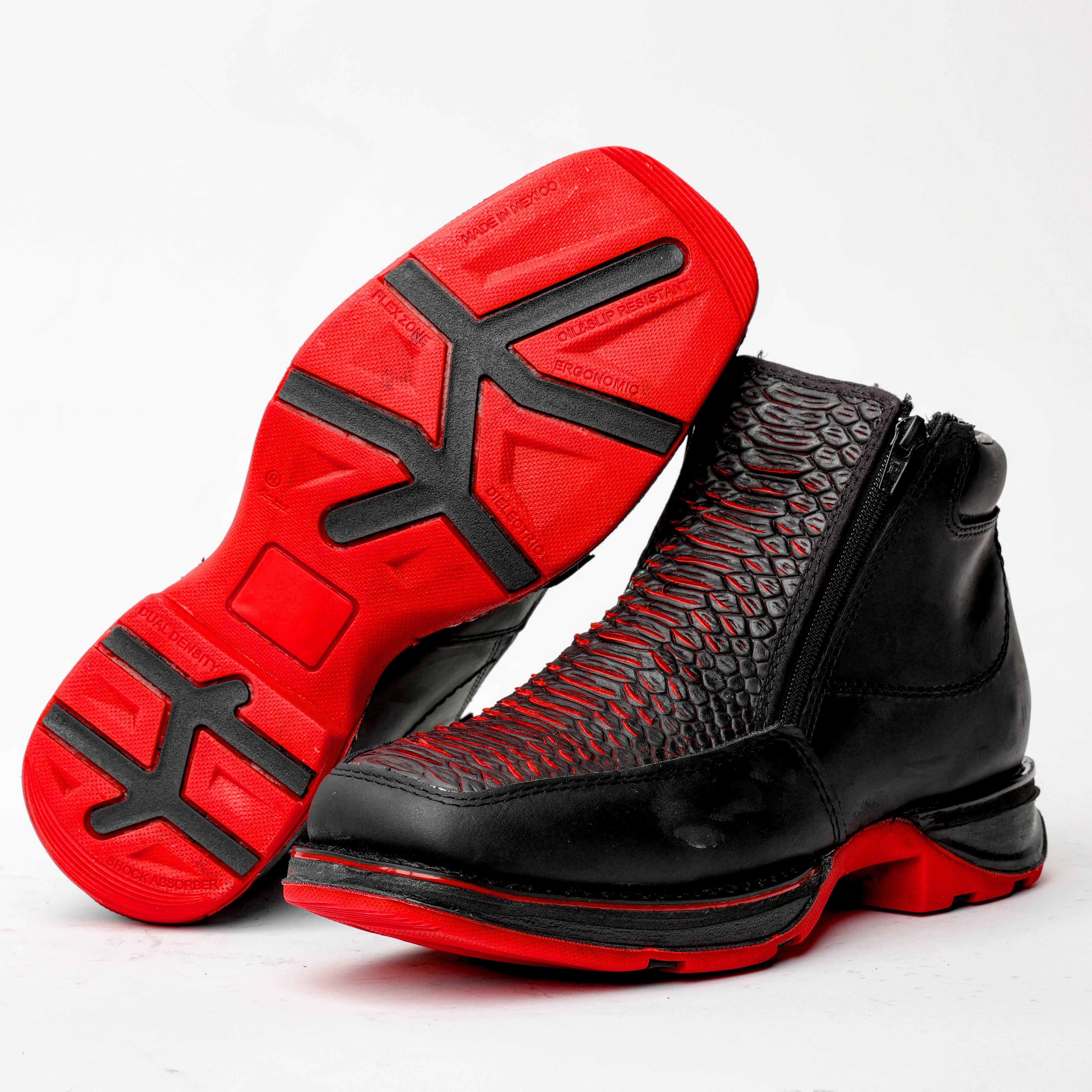 Black/Red Python Leather Botin With 3D Lightweight Soles - Square Toe