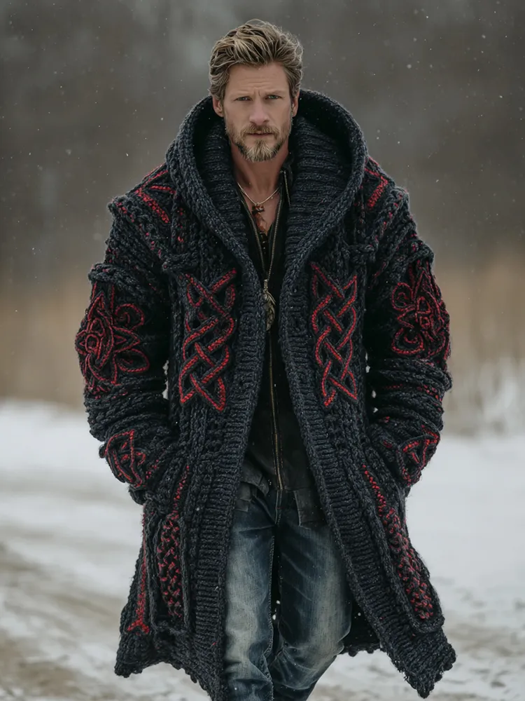 Men's Viking Style Celtic Knot Pocket Midi Cardigan Sweater