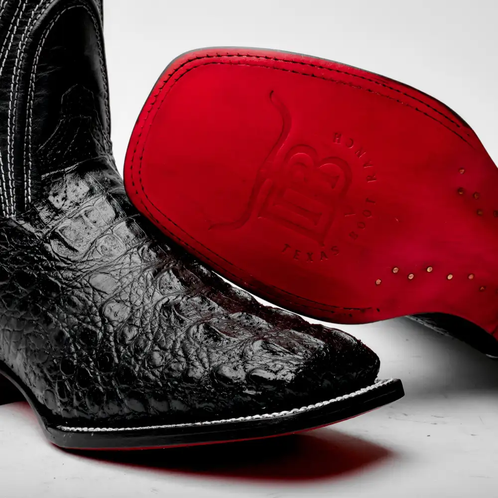 Black Caiman Neck Leather Boots - Square Toe