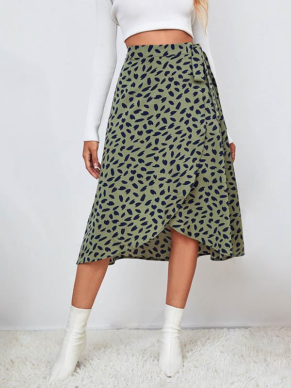Printed Split-Front Tied Waist A-Line High-Low Skirts Bottoms