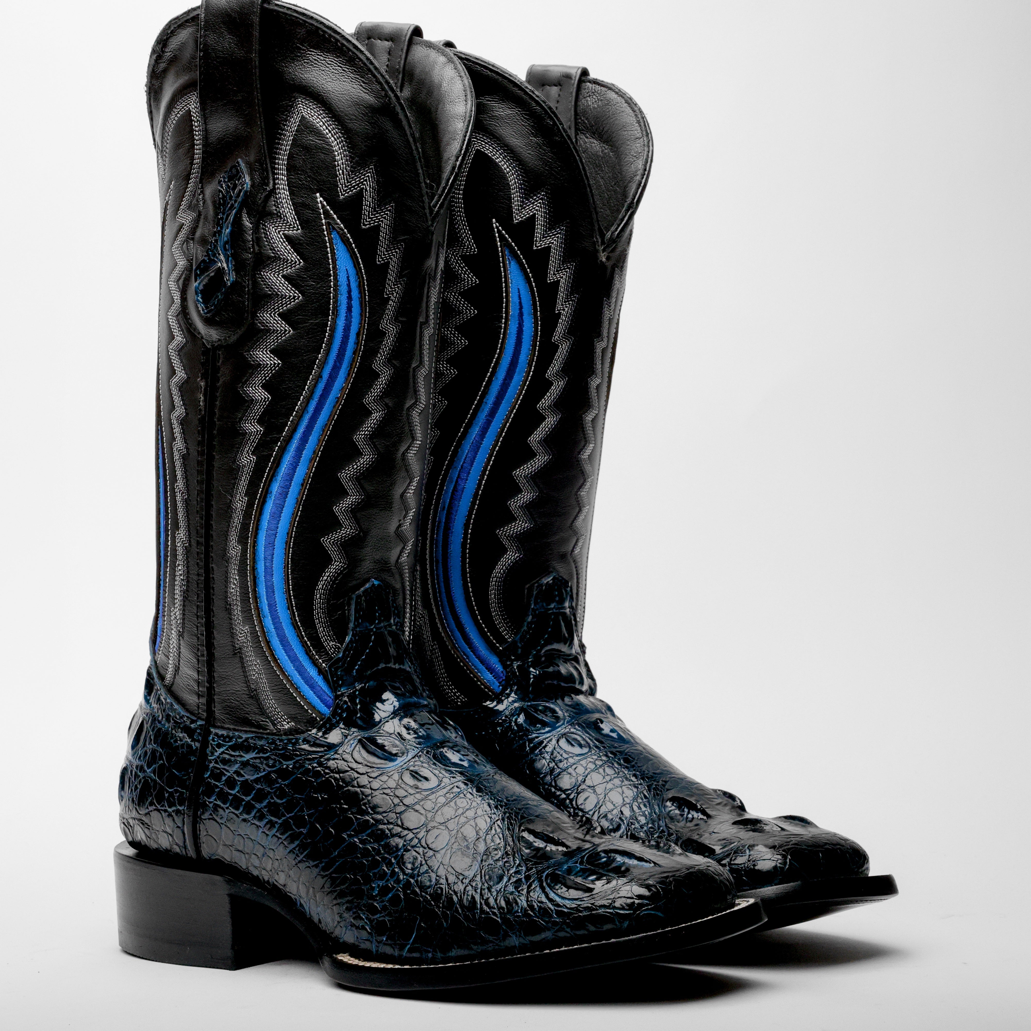 Midnight Blue Giant Caiman Hornback Leather Boots - Square Toe