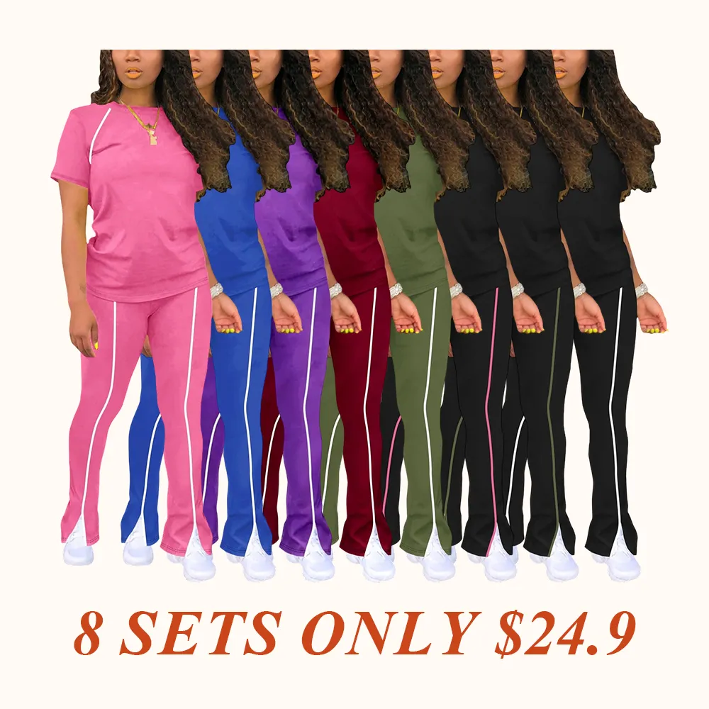 Women's Summer Round Neck Short Sleeve Fitted Pants Set Outfit, Classic Solid Color Casual Wear Lightweight Clothes