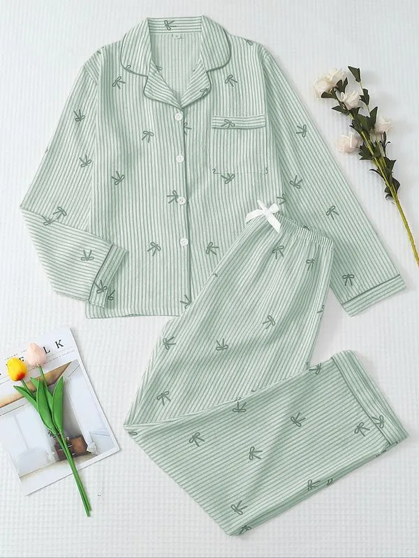 Women's Striped Bow Print Long Sleeve Pajama Set