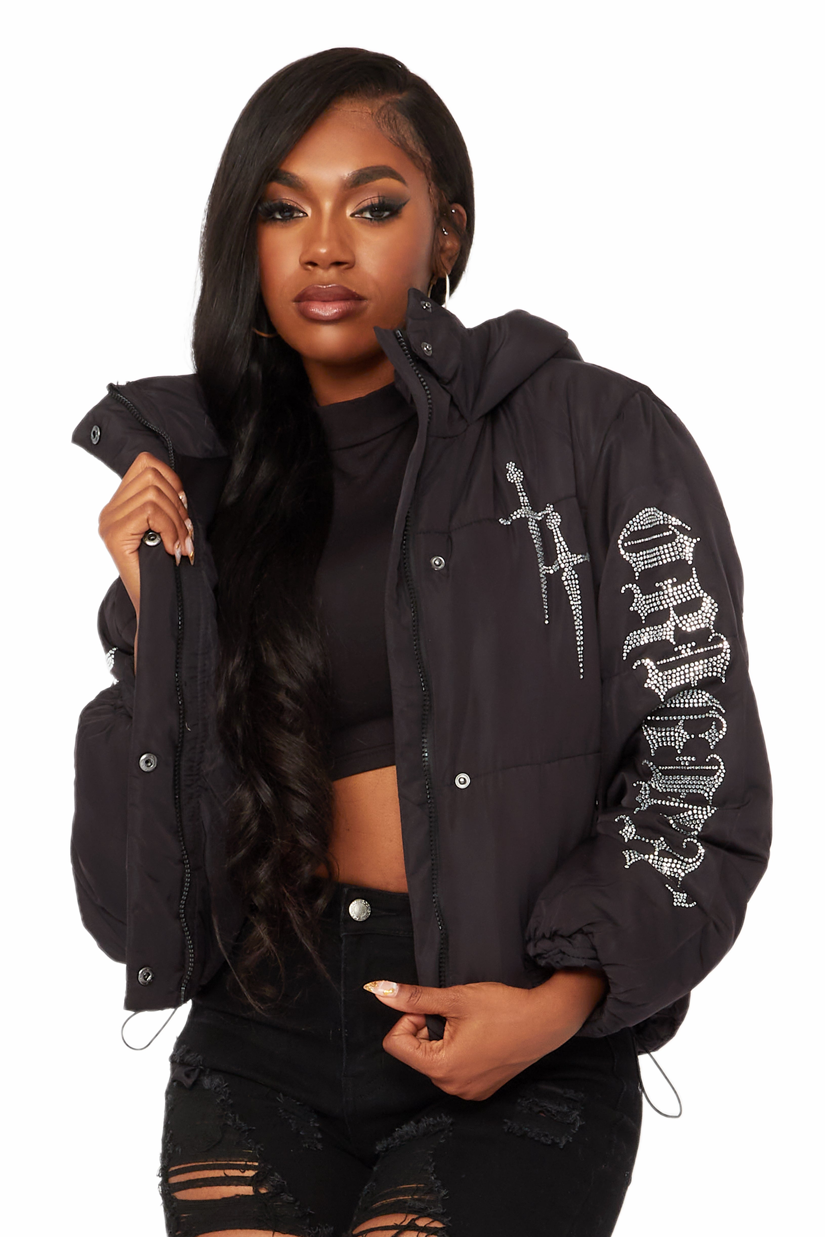 Kalisha Black Rhinestone Puffer Jacket