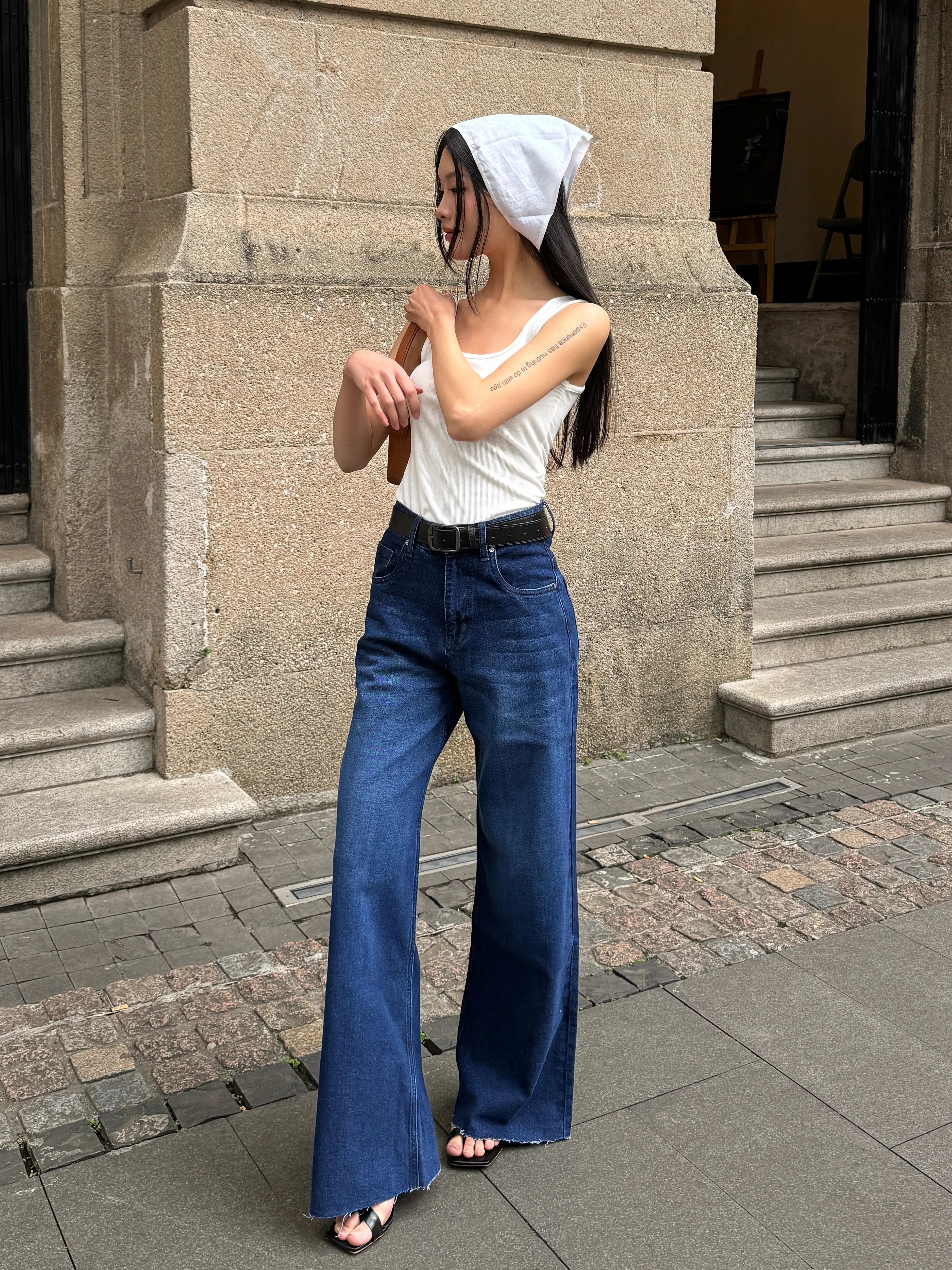 Twilight Blue Raw Hem Wide Leg Jeans