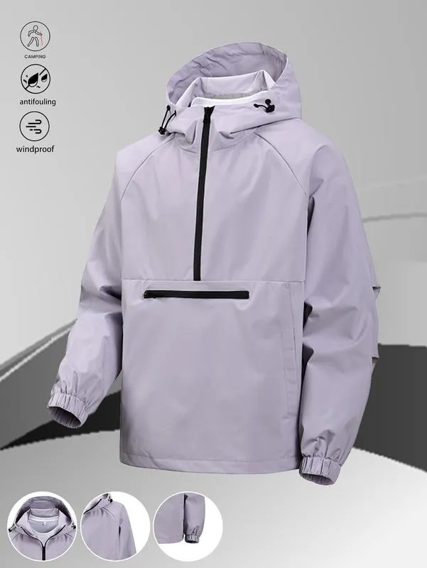 One black half-zip pullover with hoodie, outdoor camping style, large pockets, made of stain-resistant fabric