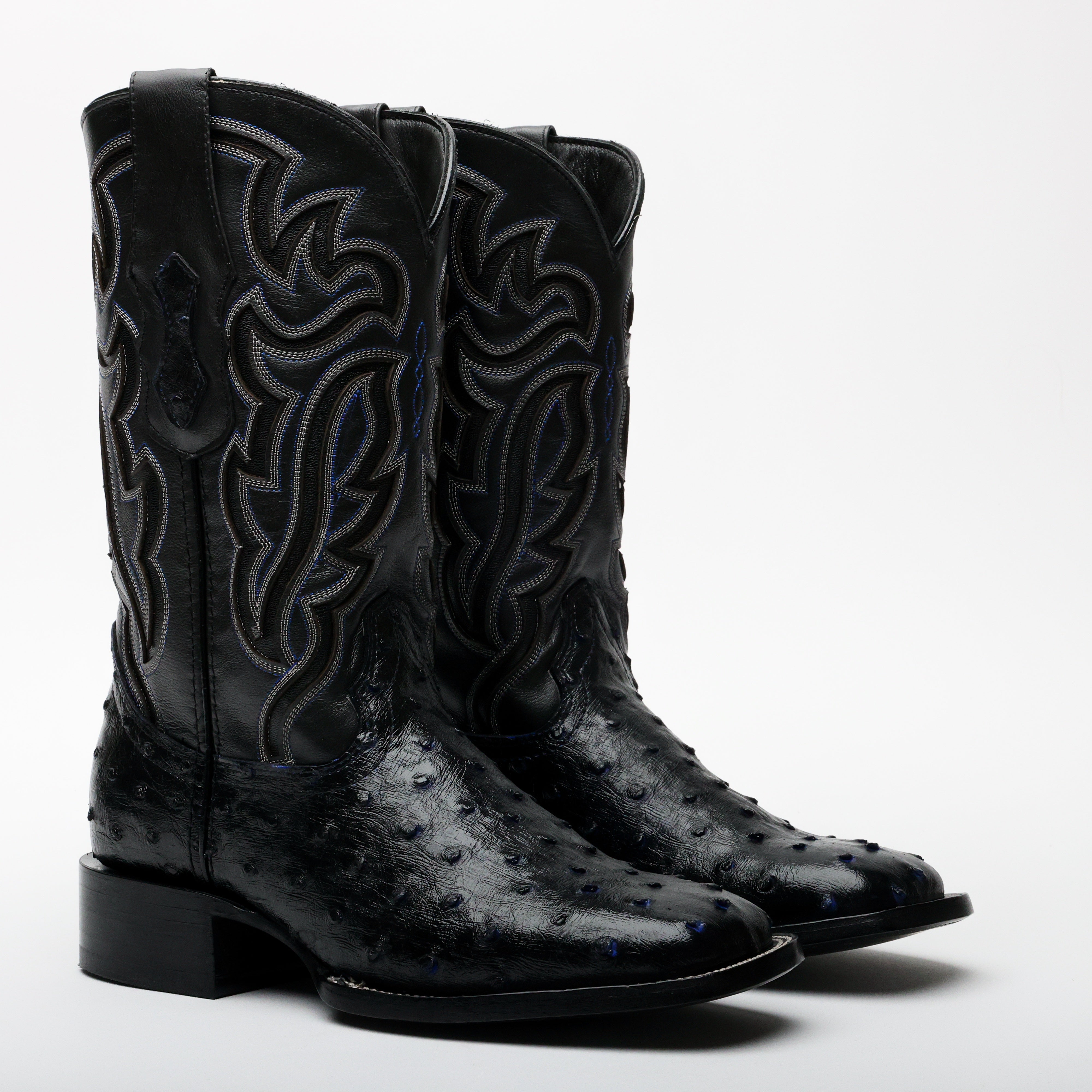 Black/Blue Ostrich Leather Boots - Square Toe