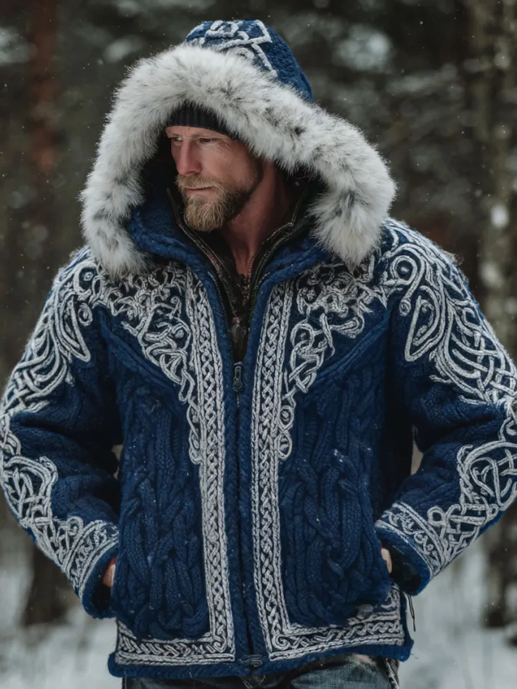 Men's Christmas Santa Celtic Art Warm Hooded Knit Sweater Jacket