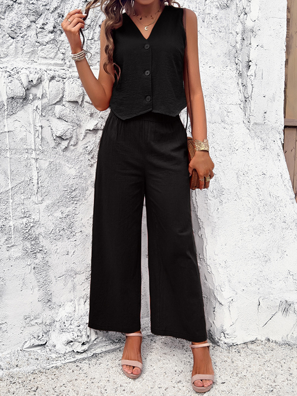 Buttoned Solid Color Loose Sleeveless V-Neck Vest Top + Pockets Elasticity Two Pieces Set