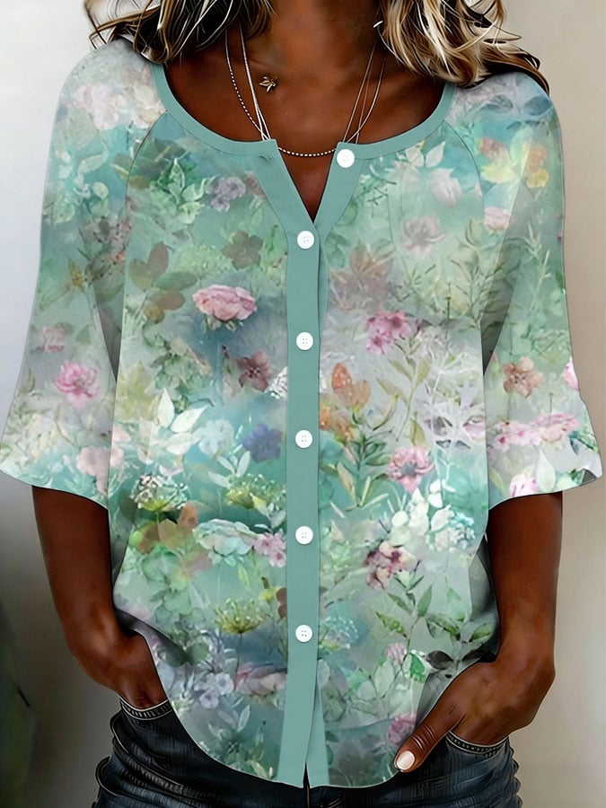Women's Retro Floral Art Print Cotton Linen Shirt- Fast Shipping