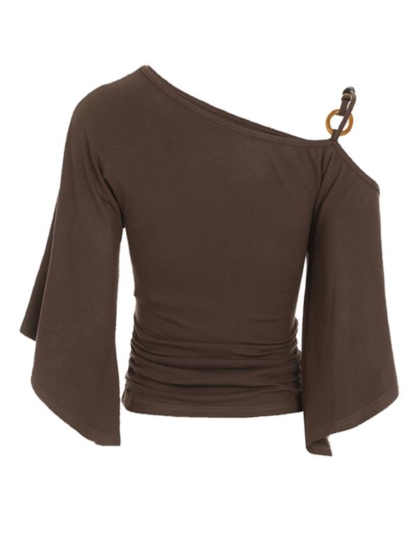 Women’s Retro Asymmetrical Beaded Shoulder Top – Slim Fit Flounce Sleeve Blouse