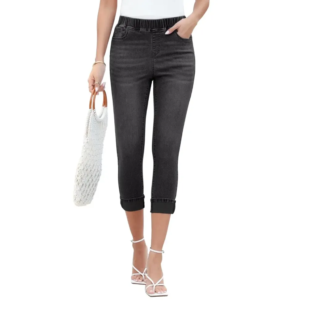 Women High Waisted Skinny Capri Pants Trendy Stretch Denim Cropped Jeans