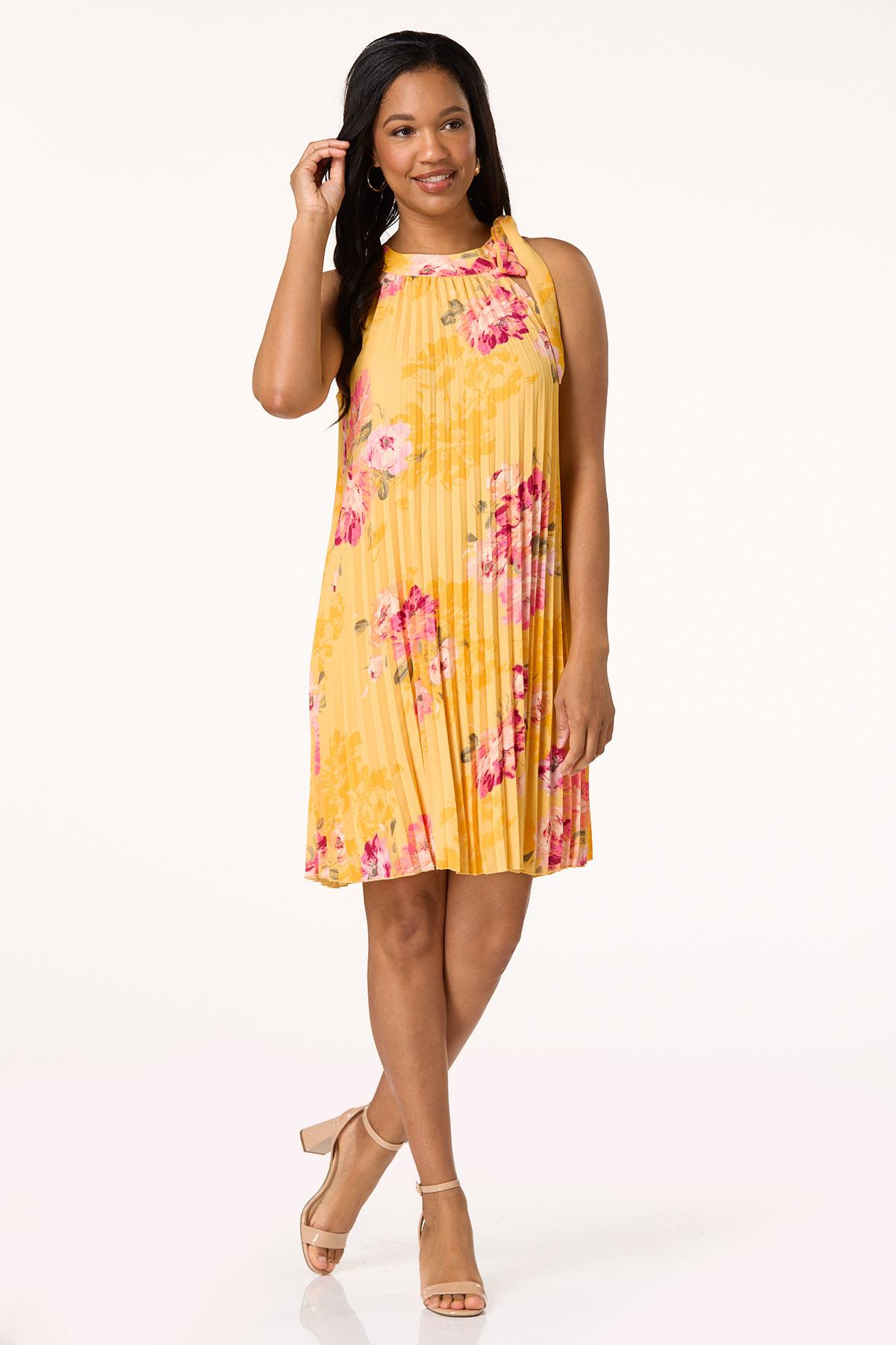 Pleated Floral Tie Neck Dress