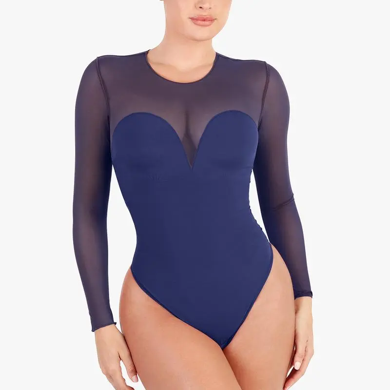 Deep V-Neck Long Sleeve Bodysuit Breathable Fabric Sheer Lace Turtleneck with Built-in Bra