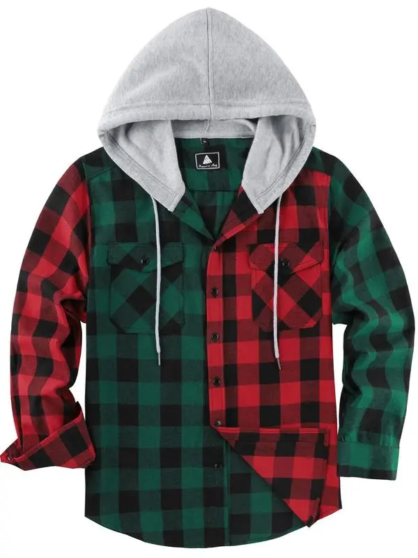 Men's Plaid Print Button Front Drawstring Hooded Shirt, Regular Fit Casual Pocket Long Sleeve Outerwear