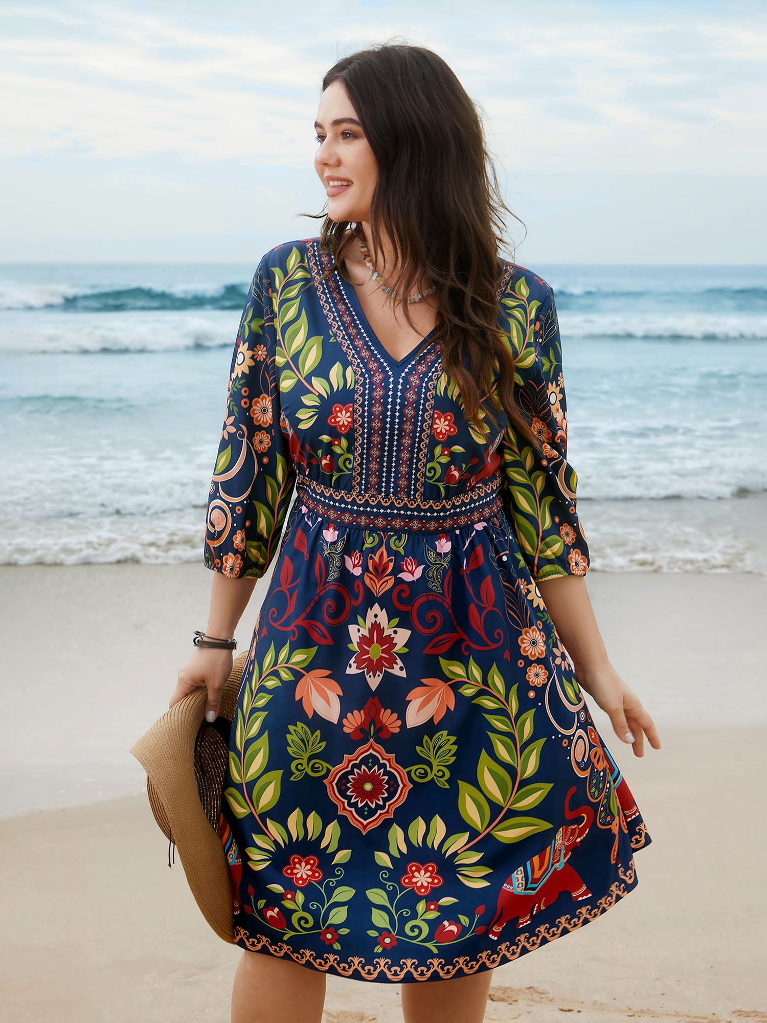 Boho Print V-Neck Pockets Mini Dress