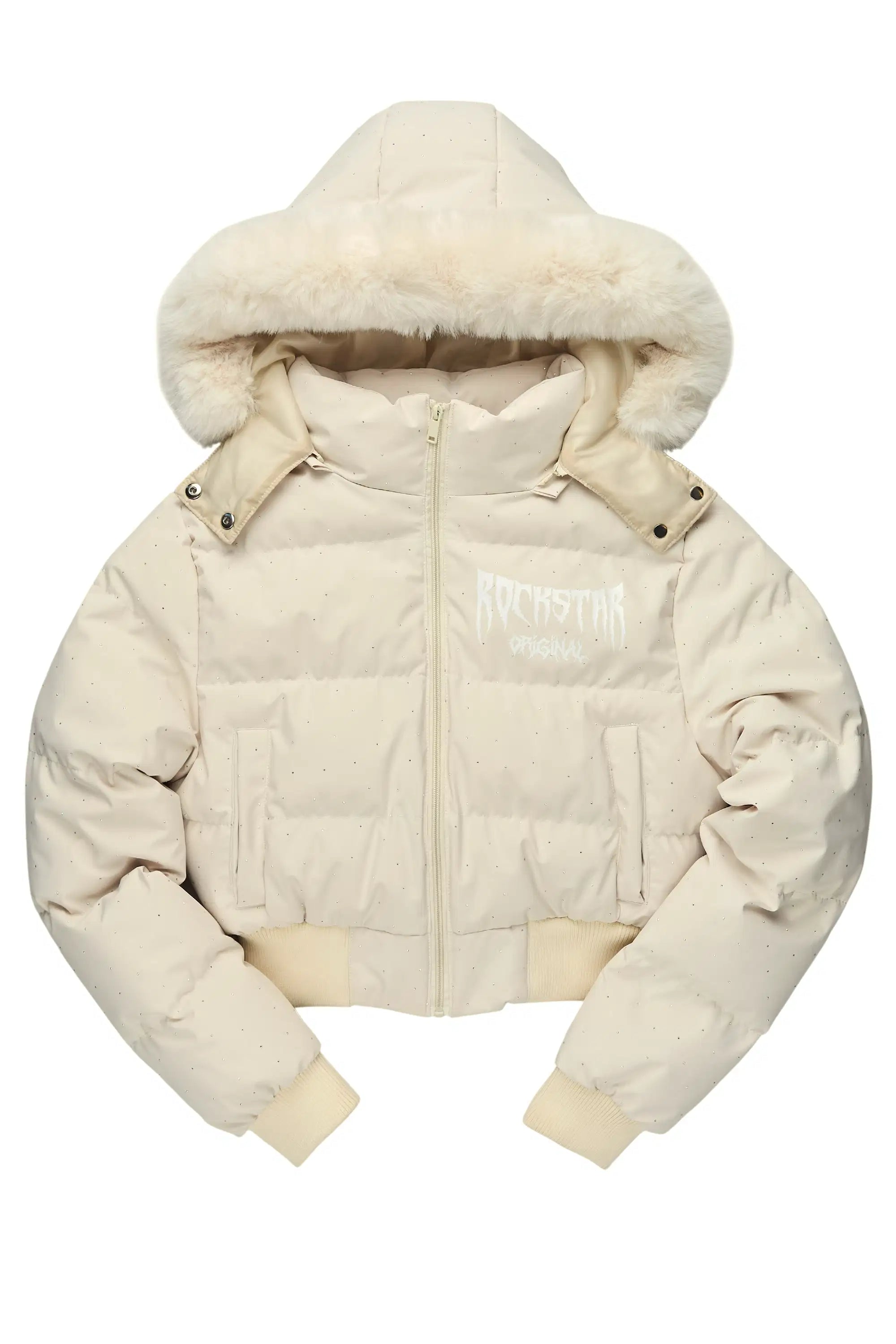 Gabrielle Beige Rhinestone Puffer Jacket With Fur Hood