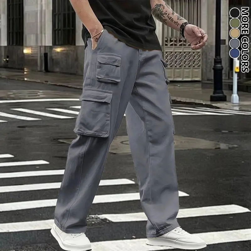Men's multi-pocket cargo jogging pants with elastic drawstring waistband