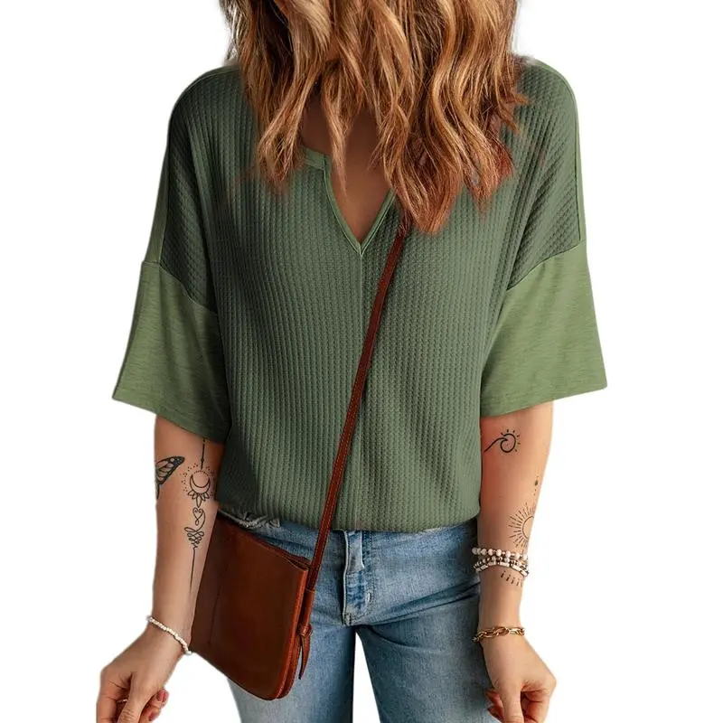 Womens Half Sleeve Waffle Knit Shirts V Neck Colorblock Blouses