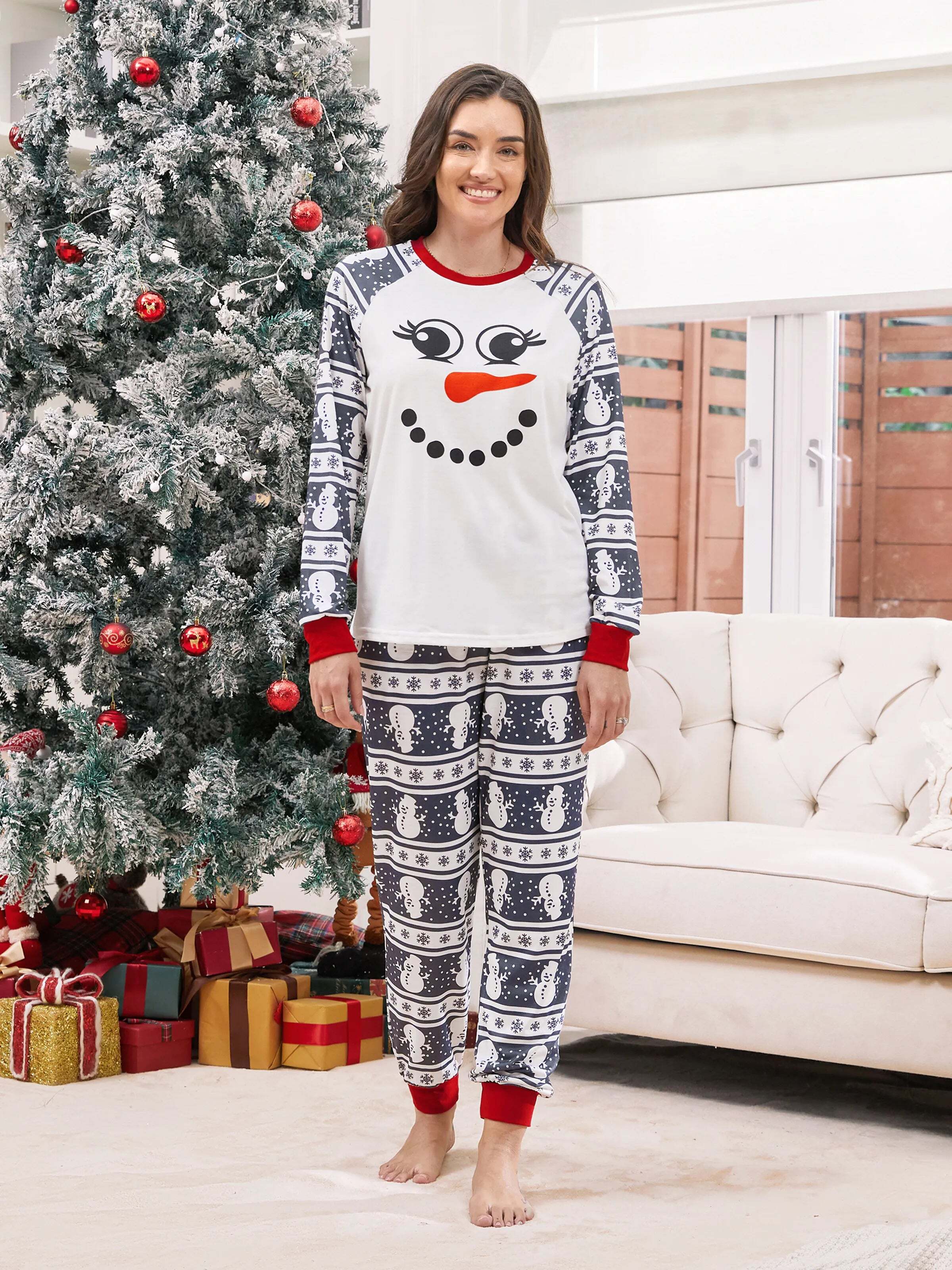 Matching Christmas Pajamas Family Snowman Pattern Long Sleeves PJs Sets Christmas Socks Dark Grey