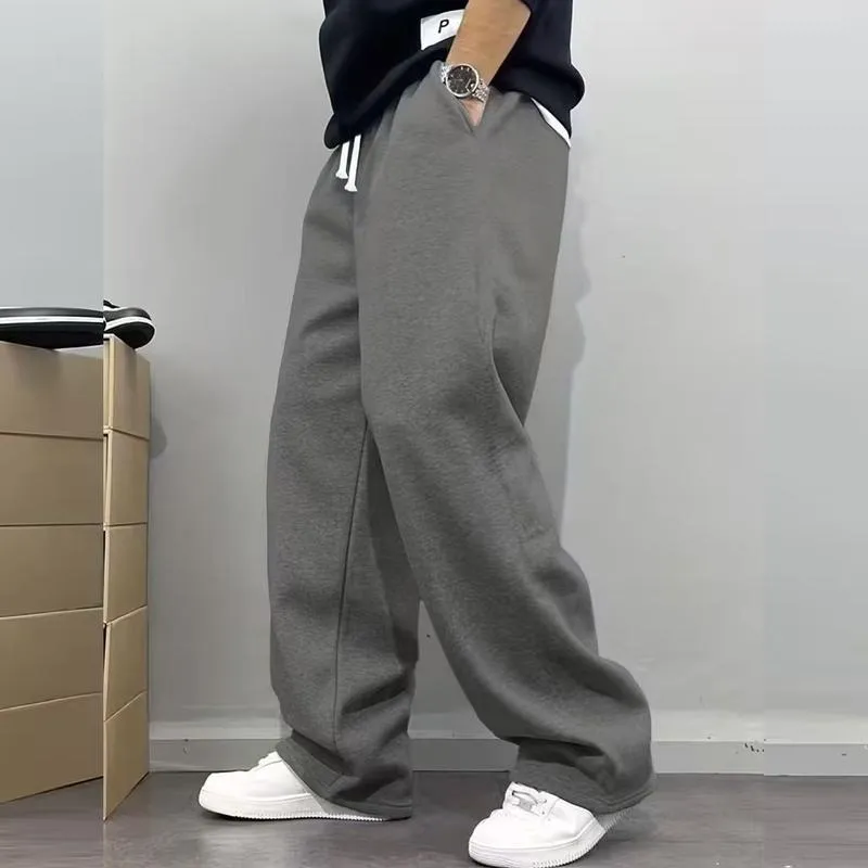 Men's Casual Fashionable Versatile Trendy New Plain Simple Drawstring Wide-Leg Long Pants
