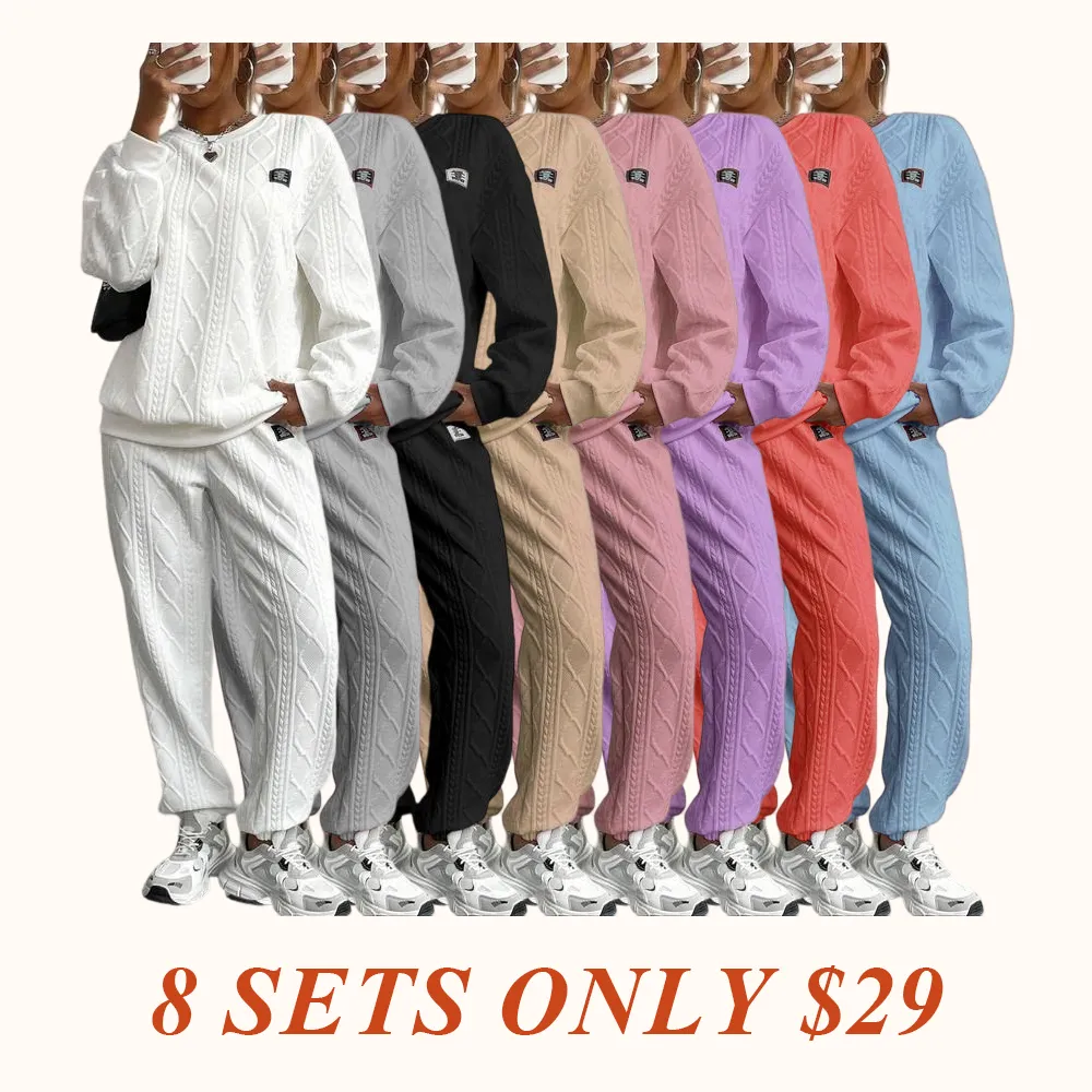 Women's Solid Patched Drop Shoulder Sweatshirt & Elastic Waist Pants Two-piece Set