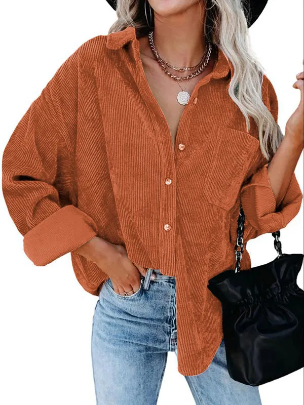 Women's Plain Pocket Button Front Corduroy Shirt