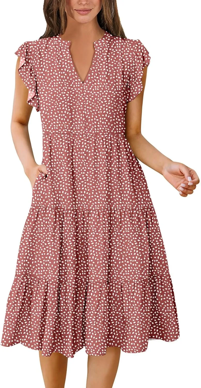 Women's Ruffle Sleeve V-Neck Tiered Midi Dress