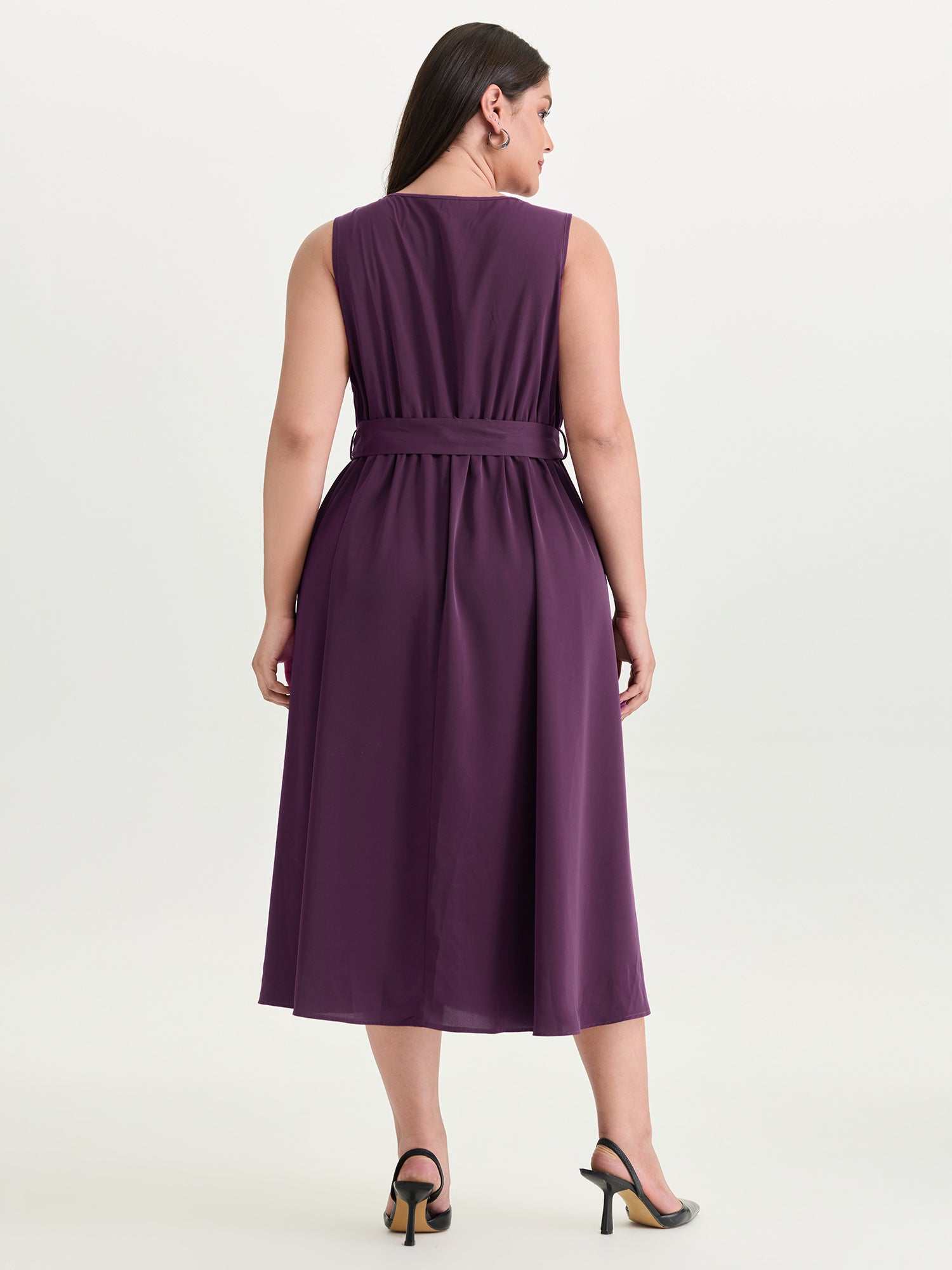 Pleated Neckline Waist-Tie Flowy Midi Dress