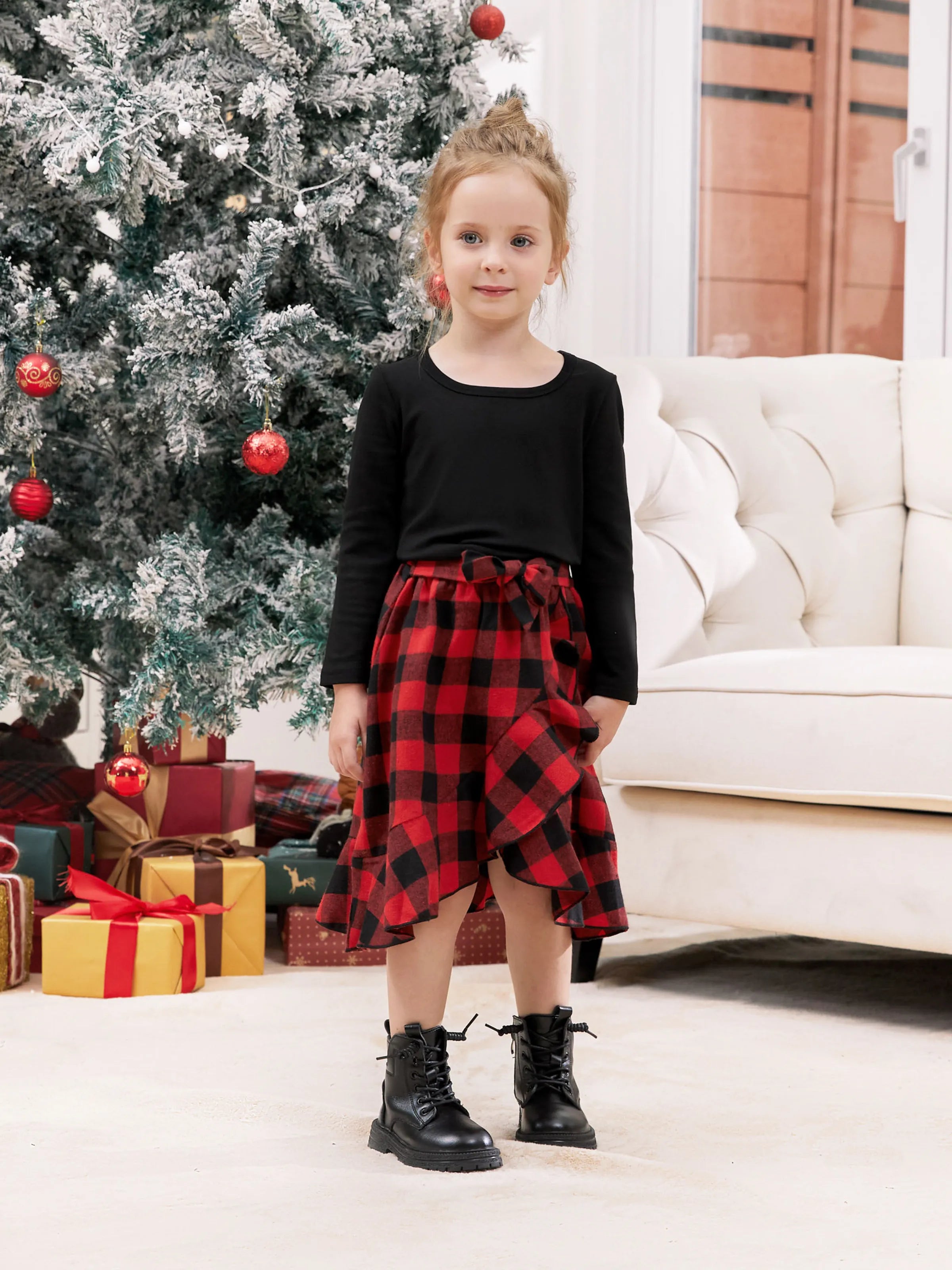 Matching Family Outfits Black and Red Plaid Co-ord Sets Hi-Low Flowy Hemline redblack