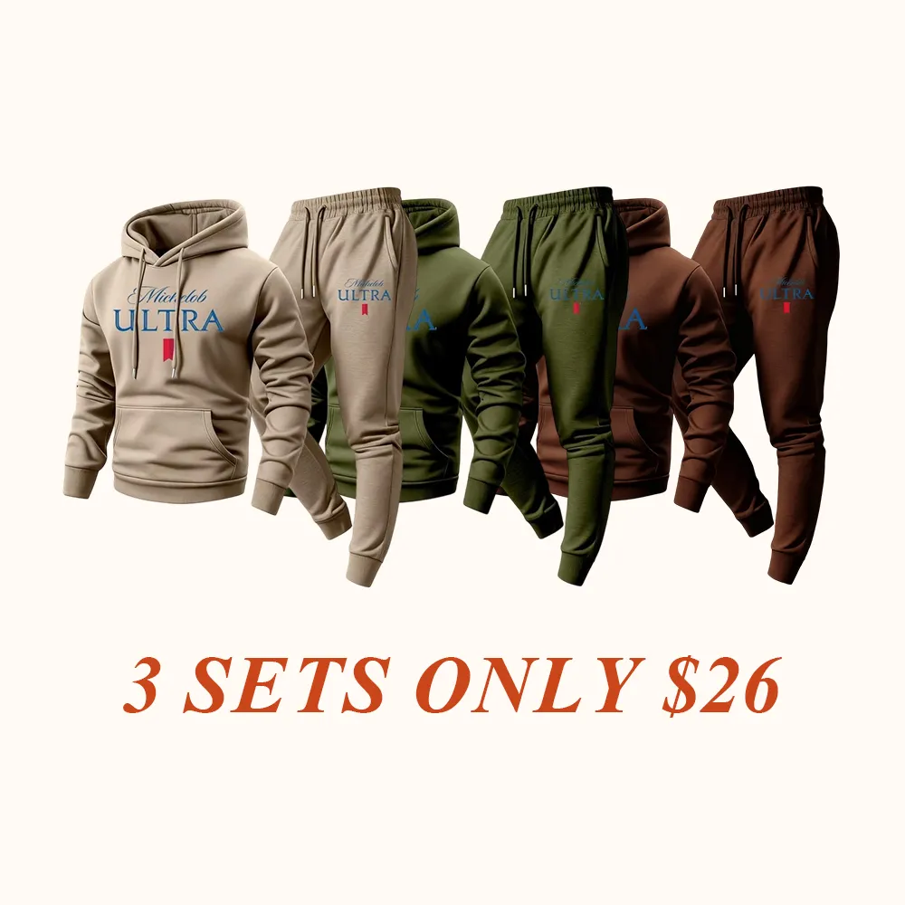 Men's vintage print hooded sweatshirt and drawstring sweatpants set, men's clothing