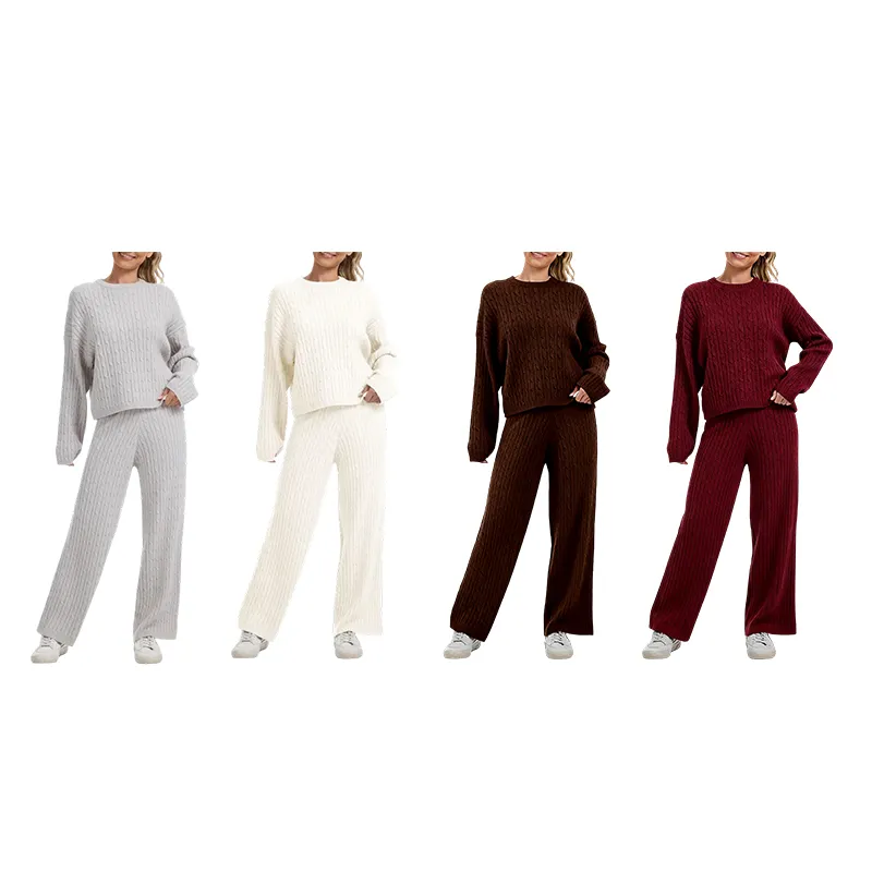 Women's Cable KnitBLACK FRIDAYSweater Lounge Set-Long Sleeve Pullover Top &High-Waisted Wide Leg Pants, Cozy 2-PieceOutfit for Fall & Winter