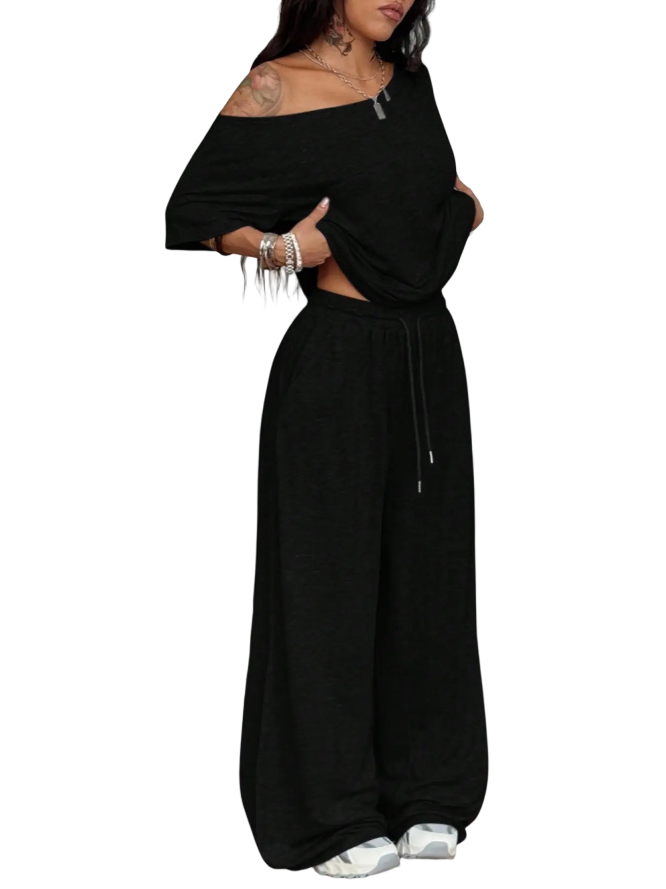 Women's Minimalist Basic Daily Wear Casual Going Out Sport Comfortable Off Shoulder T-Shirt And Wide Leg Pants Two Pieces Outfits