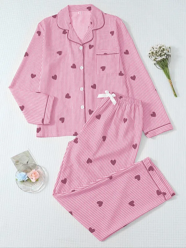 Women's Striped Bow Print Long Sleeve Pajama Set