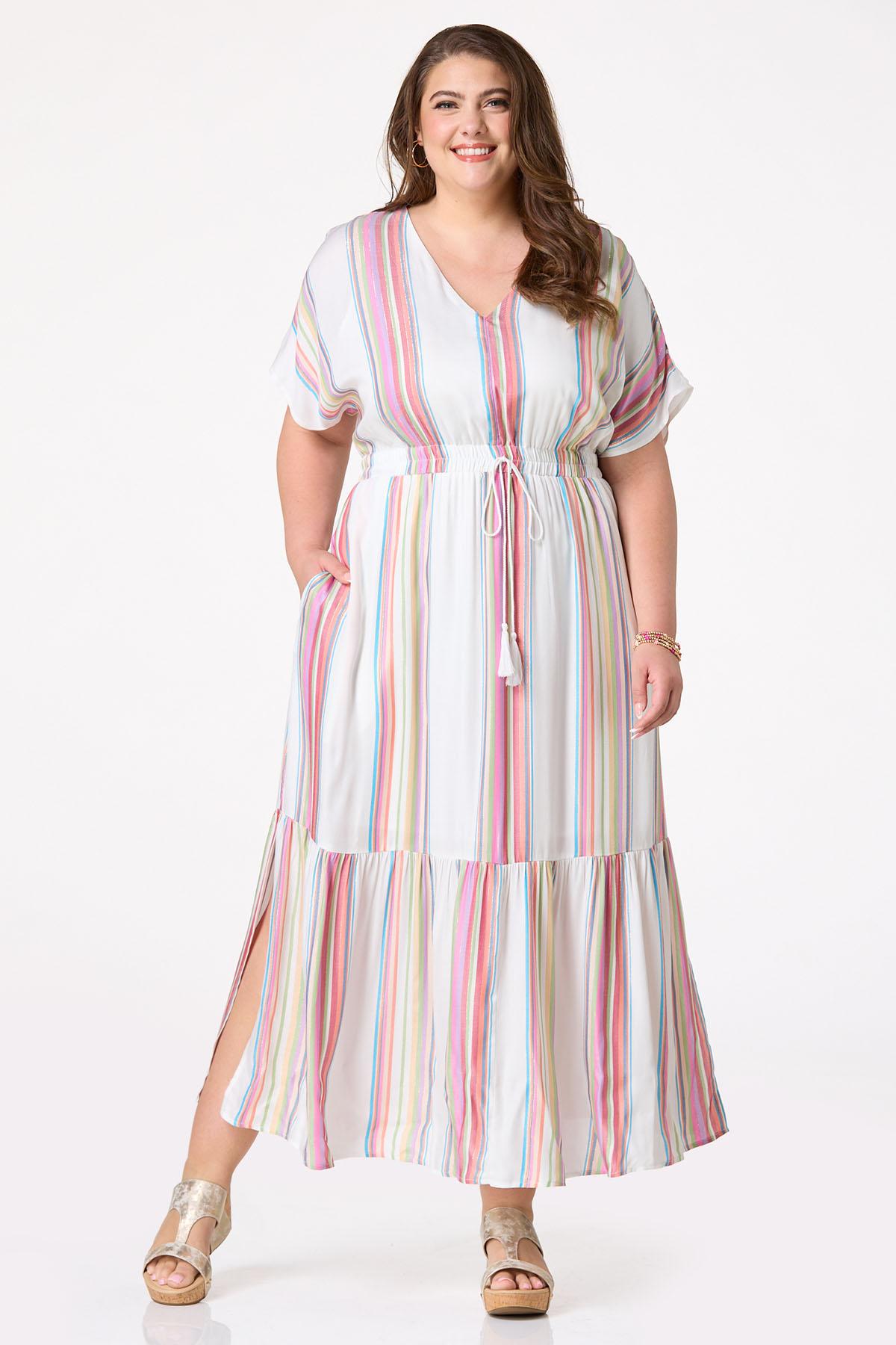 Plus Size Multicolor Striped Tassel Waist Dress
