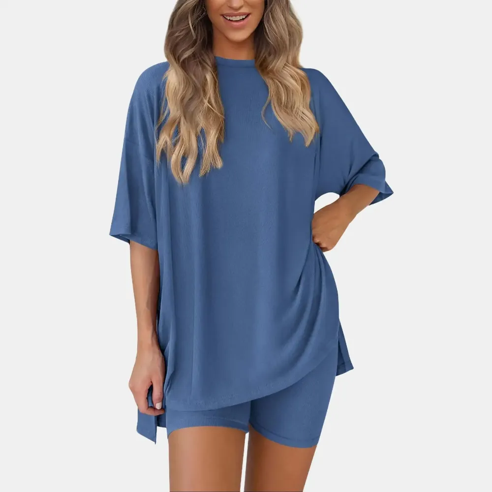 Crewneck Two-Piece Set For Women Summer Casual Oversized Split Hem Shirts